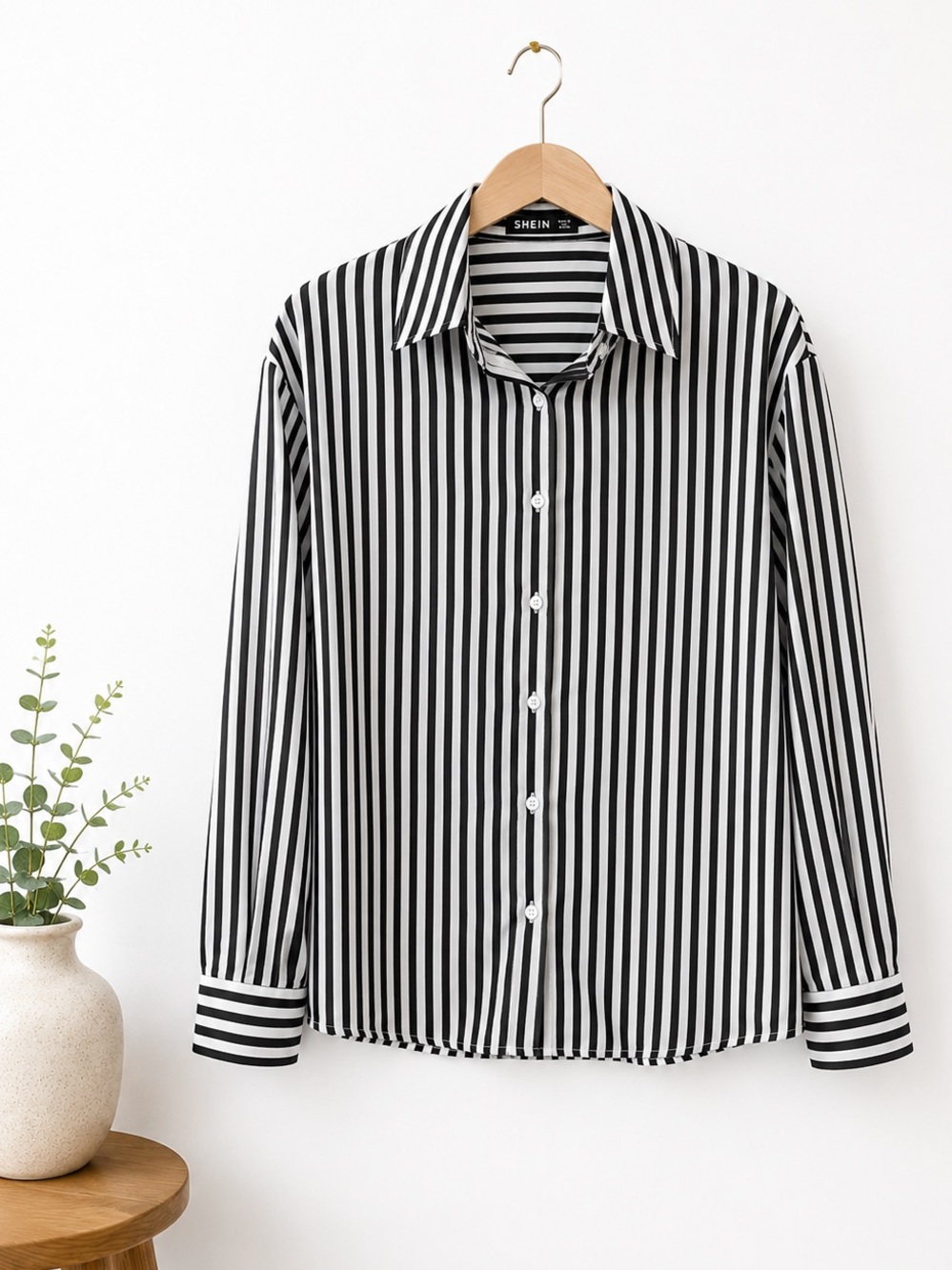 SHEIN Women’s Black & White Vertical Stripe Dress Shirt